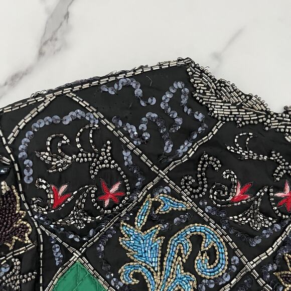 Judith Ann Vtg silk Patchwork Embroidered jacket Quilted sequin Embellished Sz L - Picture 9 of 15